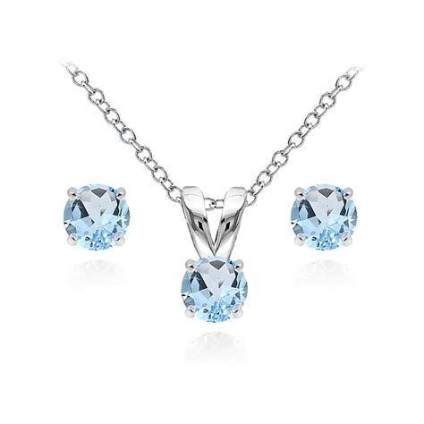 Sterling Silver Blue Topaz Mm Round Pendant Necklace And Stud Earrings