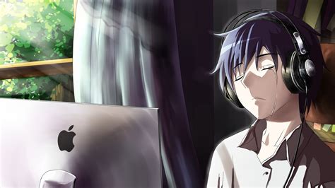 1366x768 Anime Boy Crying In Front Of Apple Laptop 1366x768 Resolution Hd 4k Wallpapers Images