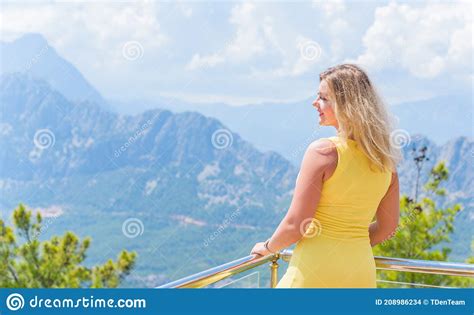 Nice Woman At Nature Enjoy The Life Walk At Vacation Stock Photo