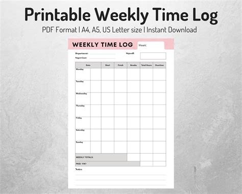 Pink Marble Weekly Time Log Printable Time Sheets For Etsy