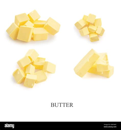 Butter Pieces Collection Isolated On White Background Fresh Butter