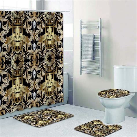 Vintage Black Gold Baroque Greek Key Shower Curtains Set For Bathroom