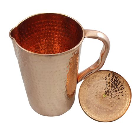 Copper Hammered Antique Jug Pitcher With Brass Knob On Lid Capacity