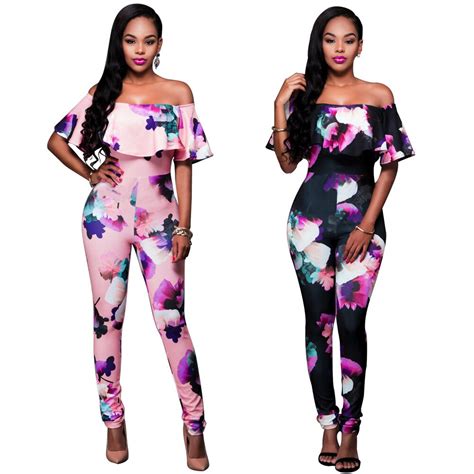 2018 Summer Off Shoulder Sexy Tight Fitting Printed Jumpsuit Womens Slash Neck Romper Plus Size