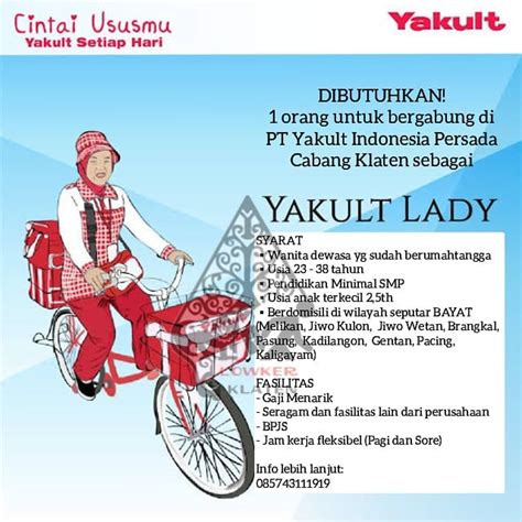 Yakult lady adalah seorang ibu rumah tangga yang menjual produk yakult dan memberikan informasi tentang manfaat yakult. Gaji Yakult Lady - Lowongan Kerja Sales Promotion Girl Pt ...