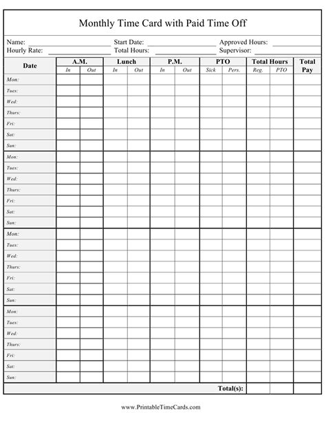 Monthly Time Card Template With Paid Time Off Download Printable Pdf