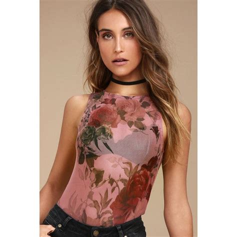 Pages In My Diary Mauve Floral Print Mesh Bodysuit 45 Liked On