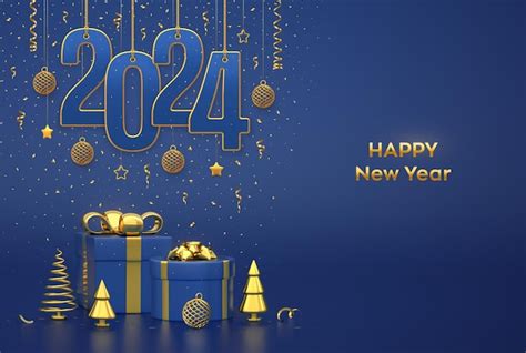Premium Vector Happy New Year 2024 Hanging On Gold Ropes Numbers 2024