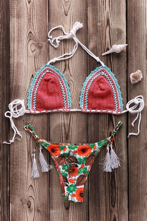 Printed Crocheted Bikini Set Crochet Bikini Set Bikinis Swimwear My