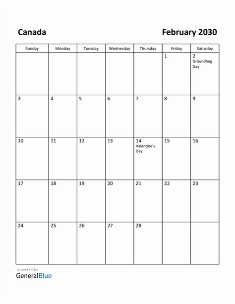 Free Printable February 2030 Calendar For Canada