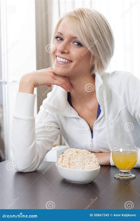 Beautiful Woman Enjoying A Healthy Breakfast Stock Image Image Of