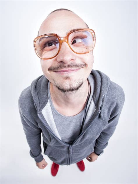Funny Man With Big Glasses Cross Looking And Smiling Stock Photo