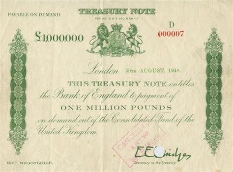 Treasury Certificate For One Million Pounds 1948 Treasury Certificates