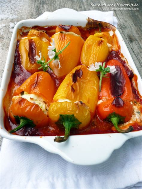 Recipe courtesy of nina manchev. Basil Goat Cheese Stuffed Sweet Peppers | Sumptuous Spoonfuls