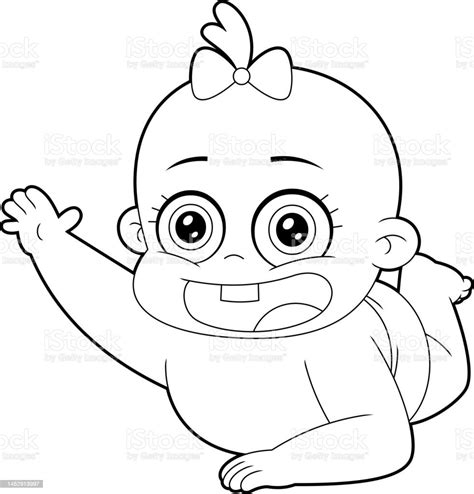 Outlined Cute Baby Girl Cartoon Character Crawling Stock Illustration