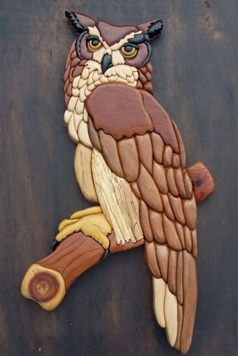 İntarsia Owl Woodworking Home Decor Wall Decor Animal Etsy Intarsia