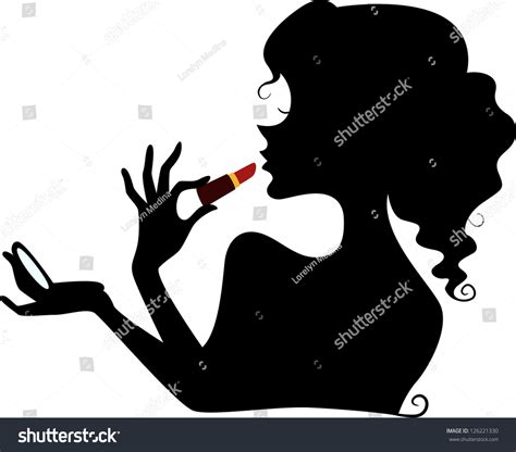 Illustration Featuring Silhouette Woman Applying Lipstick Stock Vector