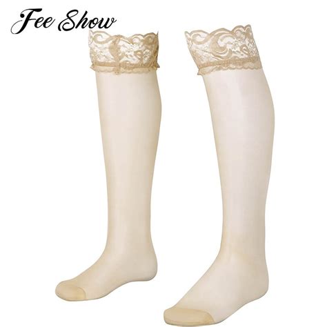 1 pair mens soft mesh see through sheer floral lace stocking with double silicone strip top anti