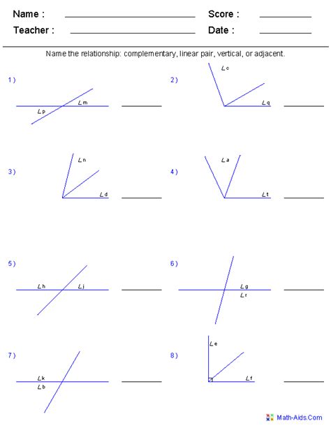Geometry Section 1 5 Angle Pair Relationships Practice Worksheet