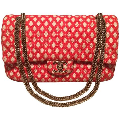Chanel Red And White Printed Tweed 255 Double Flap Classic Shoulder