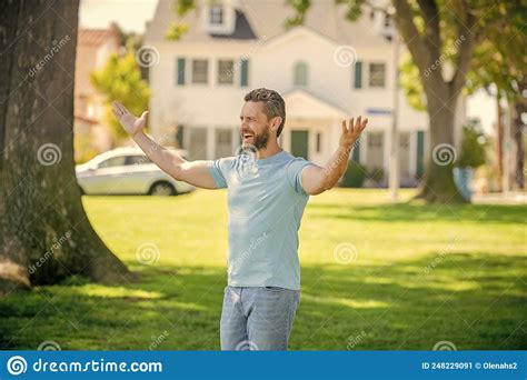 Happy Mature Man Standing Outdoor At House Success Stock Image Image Of Mortgage Owner