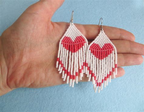 Fringe Heart Beaded White Earrings Large Love Heart Earrings Etsy