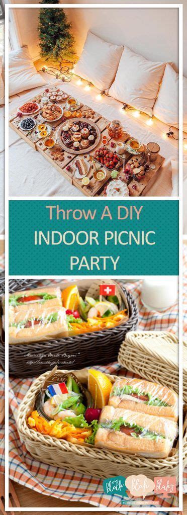An Indoor Picnic Party With Food On The Table And In Wicker Baskets For Serving