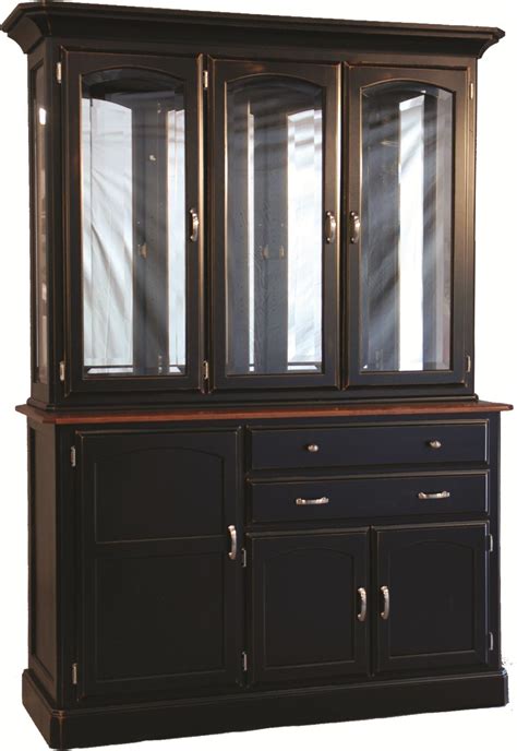 A custom lit industrial black china cabinets is accented with vintage black pulls. Oakwood Industries Casual Dining Newport China Cabinet w ...