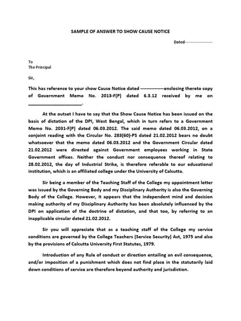 Your explanation dated ….in reply to show cause notice / letter of charge dated…….has been found to be unsatisfactory. Sample of Answer to Show Cause Notice | Public Sphere ...