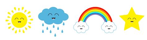 Cute Cartoon Kawaii Sun Cloud With Rain Star Rainbow Icon Set Line