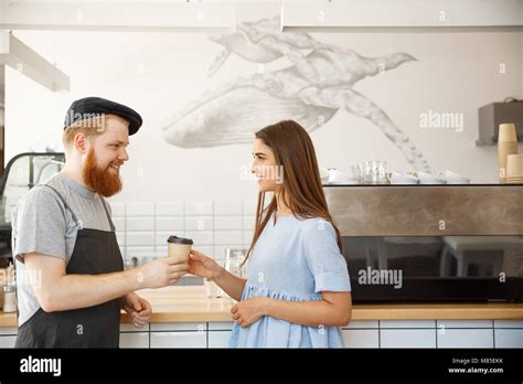 Coffee Business Concept Young Smart Bearded Bartender Enjoy Talking