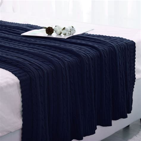 Piccocasa Cotton Throw Blanket Cable Knit Decorative Blanket Navy Blue