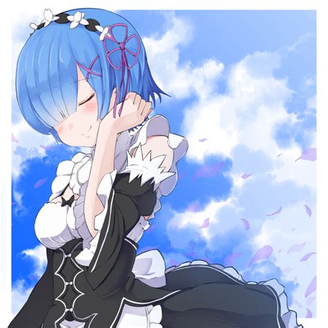 Safebooru Blue Hair Blush Closed Eyes Dress Headdress Rezero Kara