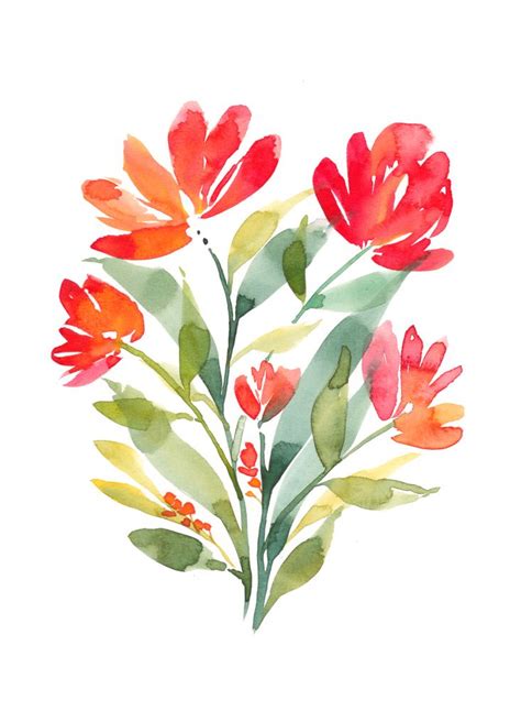 Watercolor Painting Of Red Flowers And Green Leaves