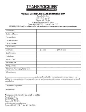 Check spelling or type a new query. Fillable Online Manual Credit Card Authorization Form -... Fax Email Print - PDFfiller