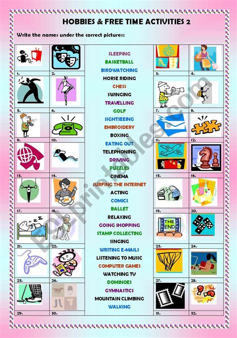 Hobbies & free time activities 2/2 (+ key) - ESL worksheet ...