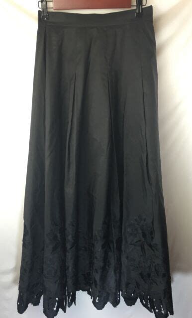 Talbots Long Black Formal Skirt Silk Lined Embroidered Floral Beaded