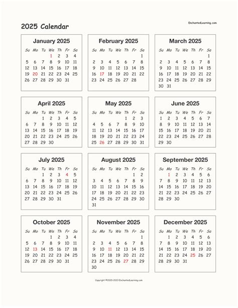 12 Month Printable Calendar 2025