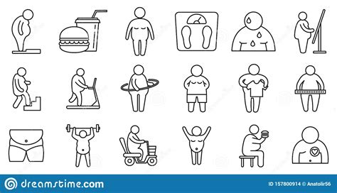 Overweight People Icons Set Outline Style Stock Vector Illustration