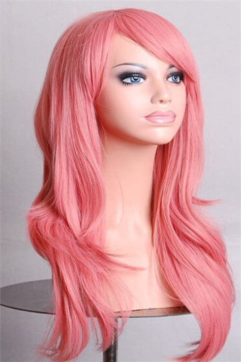 Women Pink Inclined Bang Long Wavy Anime Cosplay Wig One Size Costume