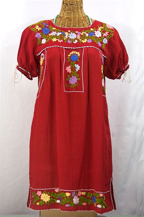 La Antigua Mexican Embroidered Peasant Dress Tomato Red