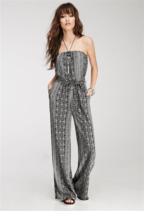 lyst forever 21 print strapless jumpsuit in black