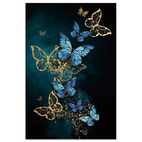 Modern Minimalist Poster Blue Gold Butterfly Picture On Canvas Etsy
