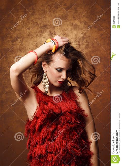 Studio Shoot Of Beautiful Woman In Red Dress Stock Photo Image Of