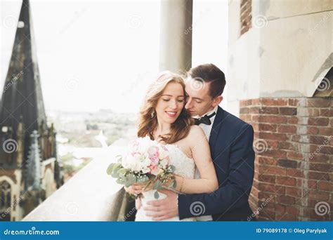 Stylish Beautiful Wedding Couple Kissing And Hugging On Background