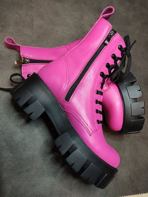 Pink Womens Platform Boots Combat Style Boots Leather Etsy