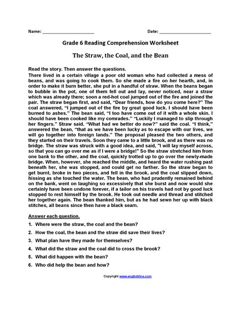 Reading Comprehension Worksheets Grade 6