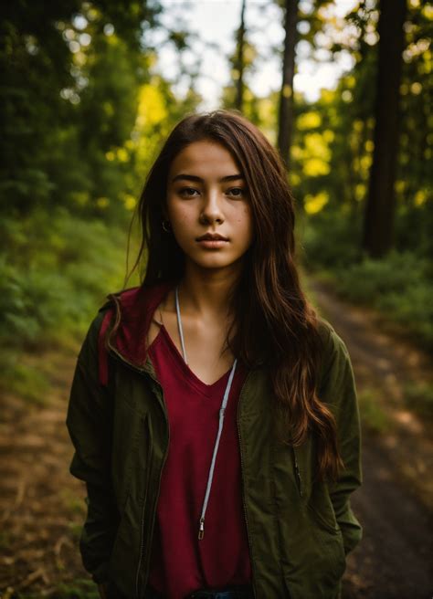 Lexica 18 Year Old Girl On The Edge Of A Forest Next To The Road Looking At The Camera