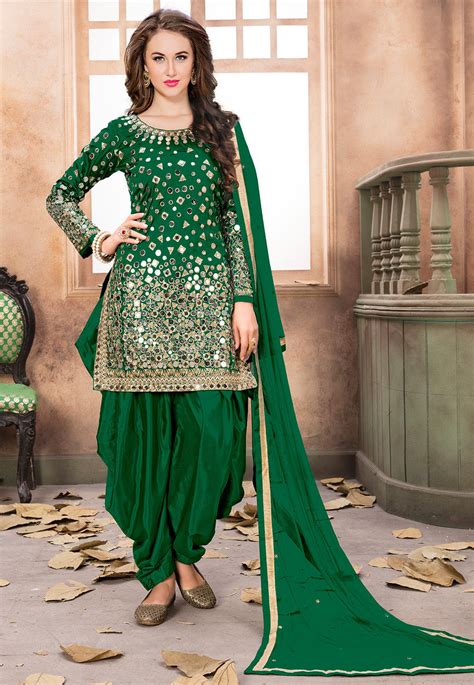 Embroidered Art Silk Punjabi Suit In Dark Green Kch4081