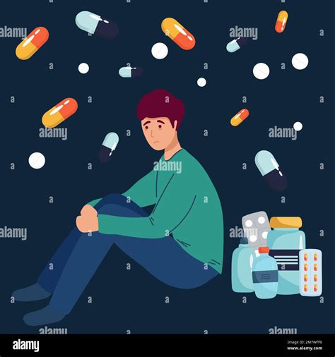 Drug Addicted Girl Sitting On Huge Pill Flat Vector Illustration Man